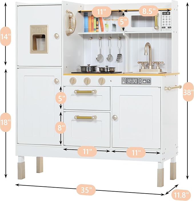 Play Kitchen for Kids, Wooden Kids Kitchen Playset with Realistic Sounds, Children Pretend Toy Kitchen Playset w/Stove, Oven & Ice Maker, Little Chef Play Kitchen for Girls and Boys, White