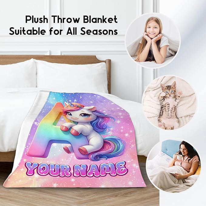 Unicorn Blanket - Personalized Girls Blanket with Name for Kids - Custom Monogram Gifts for Daughter - Plush Soft Fleece Throws - 4 Sizes for Toddler/Children/Teens/Adults