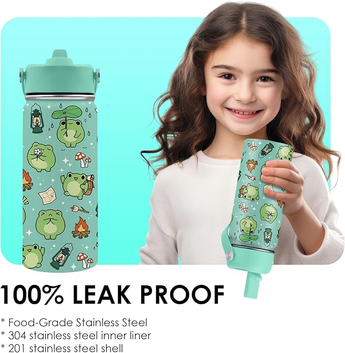 Frog Gifts for Kids - 16oz Cute Green Frog Water Bottle with Straw Lid, Stainless Steel Insulated Tumbler, Leakproof, BPA-Free, for Boys & Girls, School - Animal Frogs Lovers Birthday Gift Cup (1pc)