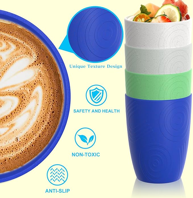 Homienly Wheat Straw Drinking Glasses Set of 4, Unique Texture Reusable Kids Cups, Stackable for Kitchen, Home, Party, Camping, Dishwasher Safe Tumbler 12 OZ - Island Color