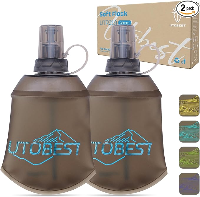 UTOBEST 150ml Soft Flask, 2 Pack Flexible TPU Hydration Water Bottle, Collapsible with 28mm Caliber for Running, Hiking, Cycling, Climbing, and Marathon Blue