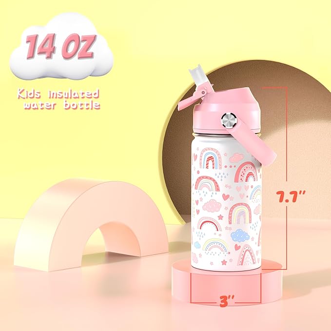 14oz Kids Insulated Water Bottle with Straw Lid - 18/8 Stainless Steel Kid Cup Travel Tumbler Double Wall Vacuum Leak Proof Portable Toddler Water Bottle (Rainbow)