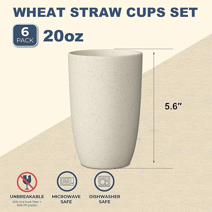 Wheat Straw Cups 6 PCS Good Alternative to Plastic Reusable Cups 20 oz Unbreakable Drinking Cup Reusable Dishwasher Safe Water Plastic Glasses Beige