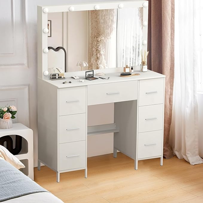 Hollywood Vanity Set, 3 Color Light Modes, Large Lighted Mirror with Brightness Adjustable, 7 Drawers for Storing Items, White Makeup Table for Girls and Women