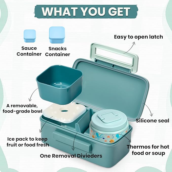 PIQUEBAR Bento Lunch Box for Kids with Thermo Ice Pack Lunch Food Container Insulated Bag, 18oz Plastic Sport Water Bottle for Kid Girls Boys (T-Blue Sea)