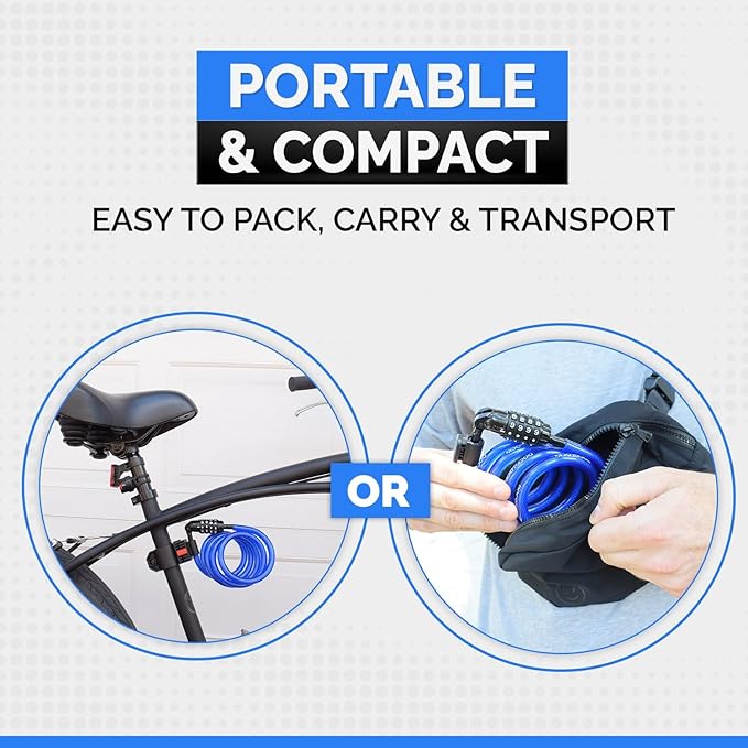 DockLocks Security Cable Lock Set (4' or 6') Coiled, Keyless Resettable Combination, Mounting Bracket, Portable and Compact for Bikes, Scooters 6ft