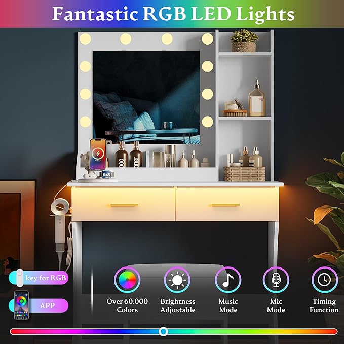 Makeup Vanity Desk with Mirror and Lights, Small Makeup Vanity Table Set with Drawers, Power Outlet & Storage Stool, White Vanity with 3 Lighting Modes LED for Women Girls Bedroom