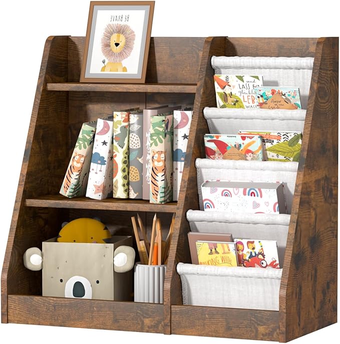 Kids Bookshelf for Bedroom Toddler Children Baby Bookcase 3-Tier for Nursery Book Toy Storage Organizer 4 Sling Adjustable Display Shelf Book Rack Wood Classroom Playroom Rustic Brown