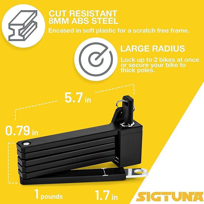 SIGTUNA Folding Bike Lock - Hardened Steel 8mm Fold-Up Heavy Duty Bike Lock with Easy Mounting, Secure Lock and Anti-Scratch Coating - Easily Keep Bike Secure and Paintwork Undamaged - Bicycle Lock
