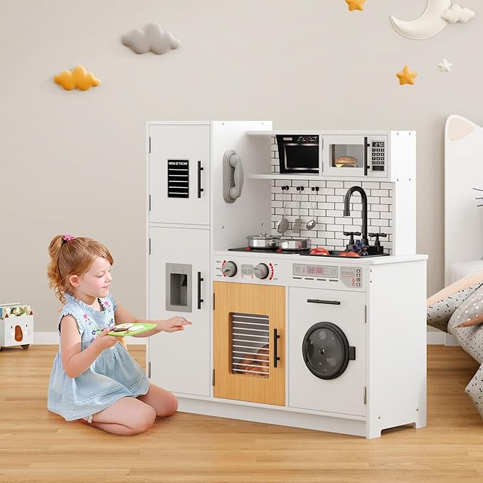 DlandHome Kids Kitchen Playset, Pretend Kitchen Playset with Real Lights & Sounds, Chef Pretend Play Set with Refrigerator, Microwave, Oven, Ideal Toy Gift for Toddlers and Kids Ages 3+