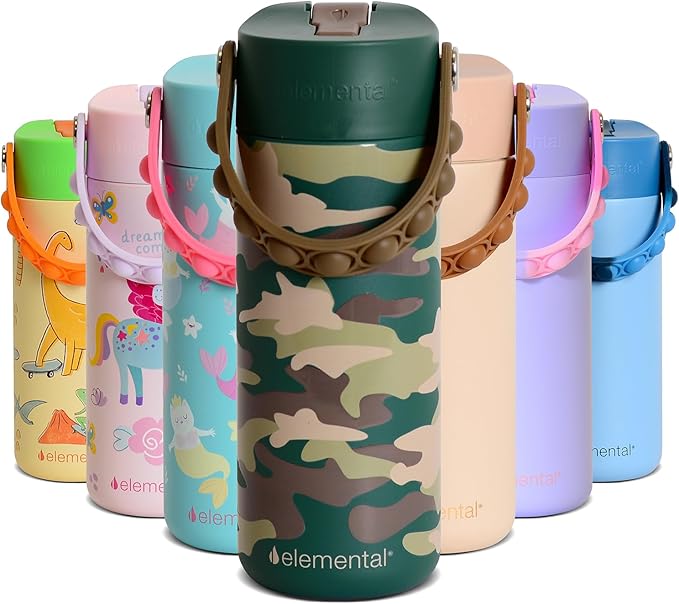 Elemental Insulated Kids Water Bottle, Stainless Steel Water Bottle with Straw Lid & Pop-It Handle, Leak-Proof Water Bottles for School, Boys or Girls, Travelling and Sports, 18oz - Green Camo