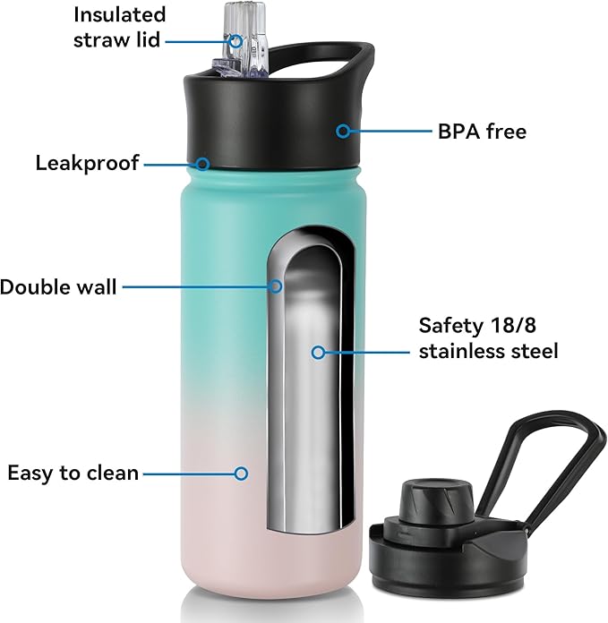 16 oz Insulated Water Bottle with Straw Lids, Stainless Steel Kids Water Bottles for School, Double Wall Vacuum Metal Water Bottle with Straw & Wide Mouth Lid, Bubble Gum 1 Pack