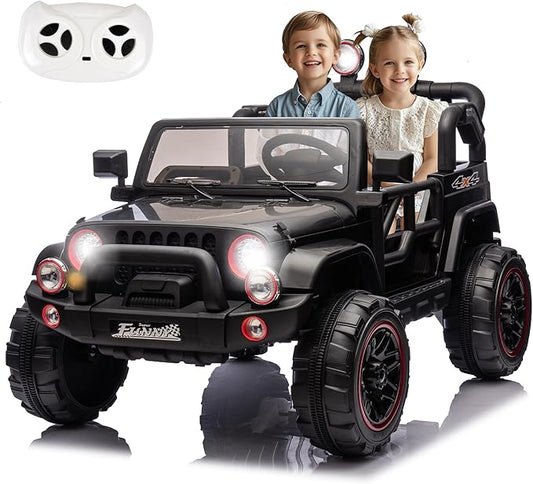 24V XL Kids Electric Ride on Truck Car 2 Seater Remote Control for Toddlers 2-8, 160W 2 Motors 5MPH Max Speed, Bluetooth USB Music Player, LED Lights Safety Belt, Gift for Boys Girls, Black