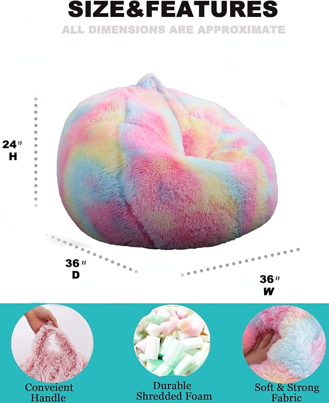 Fluffy Bean Bag Chair, 3FT Round Memory Foam Filled Bean Bag for Teens & Kids, Ultra Soft Faux Fur Fabric Bean Bag Chairs for Playroom, Living Room, Bedroom, Rainbow