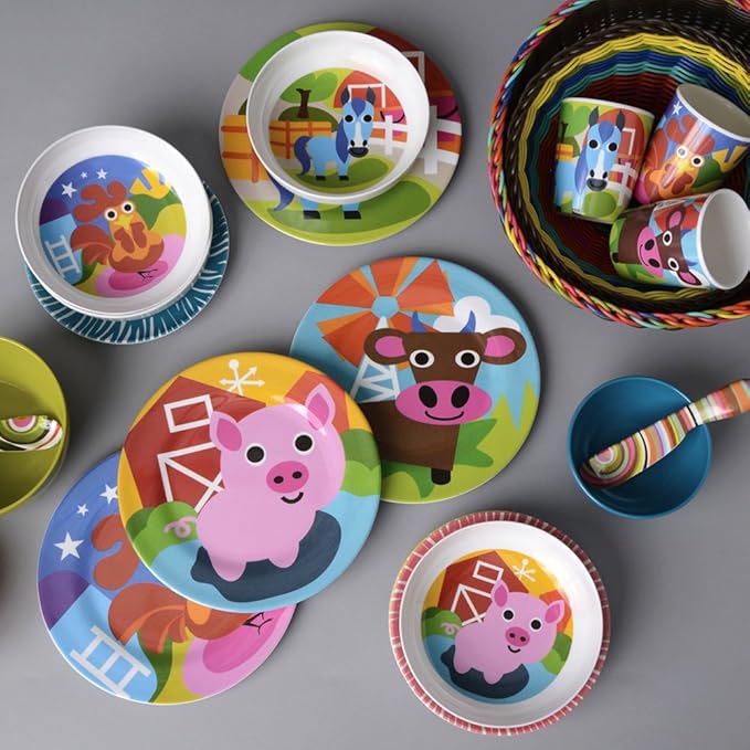 French Bull 4pc Kids Feeding Melamine Tableware Flatware BPA Free Dishwasher Safe, Durable, 4 Count (Pack of 1) Plate Set (Farm)