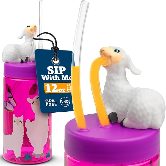 Kids Water Bottle, Toddler Cups, Tumbler with Lid and Straw, Travel Sippy Cup for Water or Milk, Kids Cups with Lids for Toddlers 3 and Up, BPA Free Plastic, 12 oz (Trend Zoo Llama)