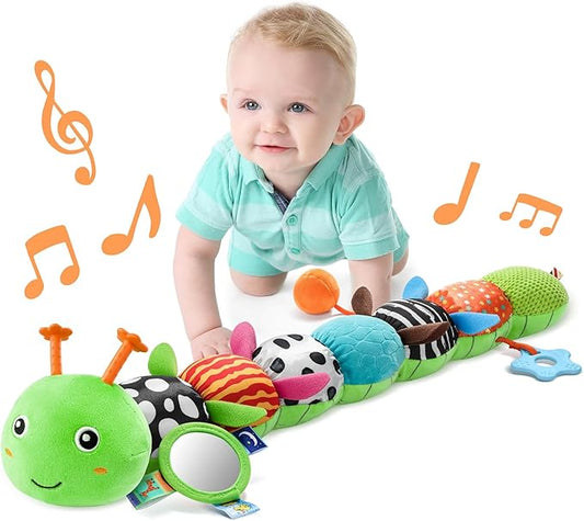 LIGHTDESIRE Baby Toys Musical Caterpillar,Infant Toys Stuffed Animals with Ruler Design,Mirror,Pull String&Ring Bell,Baby Teething Toys for Tummy Time Toy Newborn Gift 3 6 12 Months(Green,Leafy Limb)