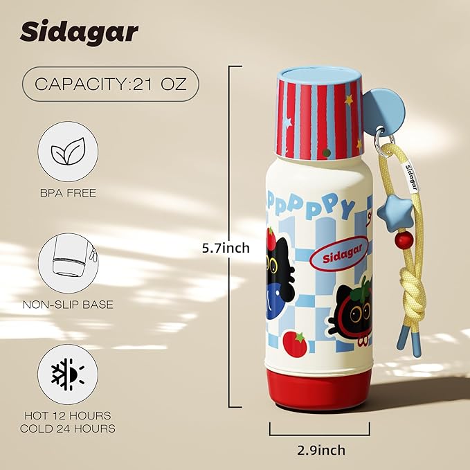 20 oz Cute Tumbler witn Lid and Straw, Insulated Stainless Steel Kids Water Bottle with Strap, Travel Leak Proof Coffee Cup, Cat