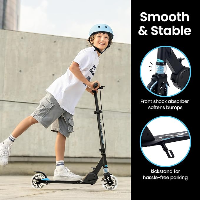 Aero Scooter for Kids 5-12 | Dynamic Lights, Hand Brake & Shock Absorption | Boys Girls 2 Wheels Kick Scooter | Foldable & Height Adjustable