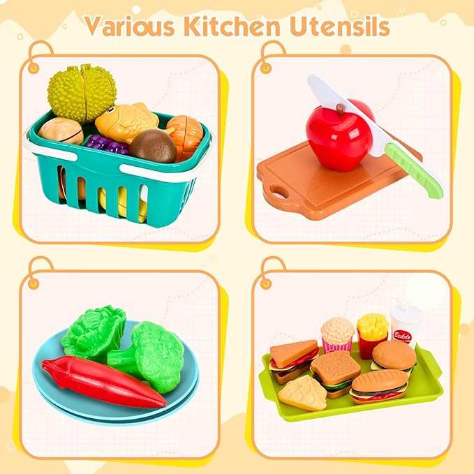 200Pcs Mini Play Kitchen Accessories for Kids, Pretend Cooking Playset with Cookware, Tableware & 2 Fruit Sets, Learning Gift for Girls, Boys, Toddlers, Green