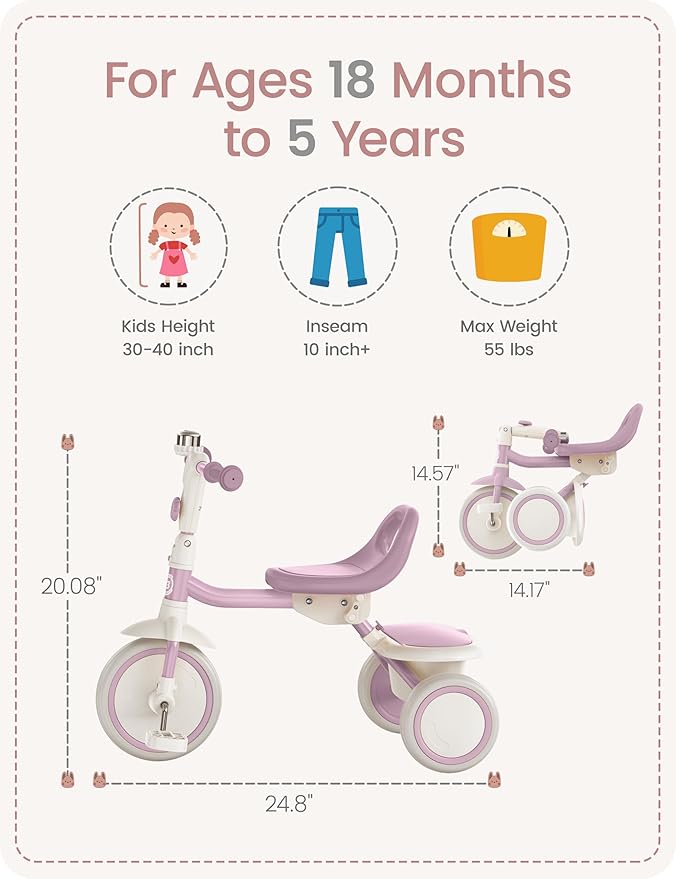 besrey Kids Tricycles Age 18 Month to 5 Years, Toddler Tricycle Kids Trikes Tricycle, Gift Toddler Tricycles for 2-5 Year Olds, Gift & Toys for Boy & Girl, Trikes for Toddlers, Light Purple