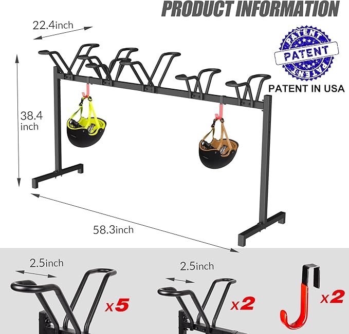 5 Bikes Floor Stand, Adjustable Bicycle Parking Rack with Hook for Garage, Indoor, Outdoor, Free Combination Bike Storage Cycle Rack for Mountain, Road and Kids Bikes, Max Tire Width 2.5”