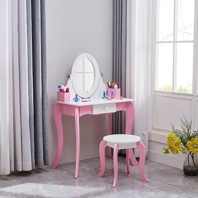 Wooden Vanity Set with 360° Swivel Mirror (Whiteboard & Mirror) & Stool, Kids Makeup Dresser Table with Anti-Tip Design, Storage Drawer for Ages 4-9 Girls, Ideal Gift for Birthday/Christmas