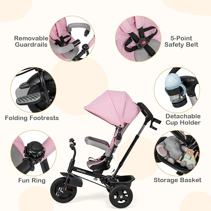 BABY JOY Tricycle, 6 in 1 Tricycle for Toddler w/Reversible Seat, Adjustable Canopy & Parent Handle, 5-Point Safety Belt, PU Wheels and Storage Basket, Push Tricycle for 9-60 Months (Pink)