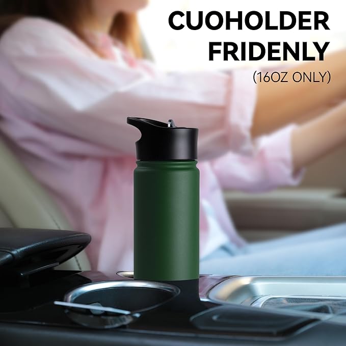 16 oz Insulated Water Bottle for School, Straw & Spout Lid, Keep Cold 24H, Spill Proof, BPA-Free, Double Wall Stainless Steel Kids Water Bottles for Sports, Gym, Travel, Dark Green