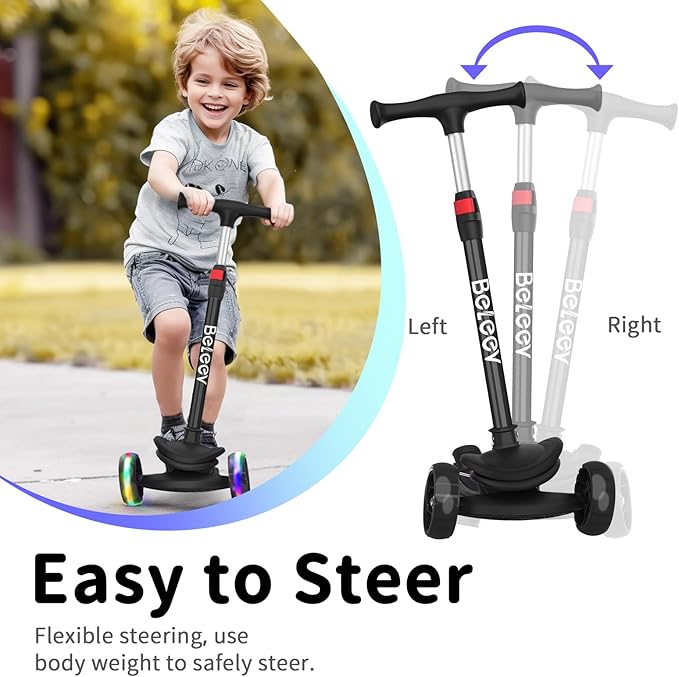 BELEEV A8 Scooter for Kids Ages 3-12, 3 Wheel Folding Scooter for Toddlers Girls Boys, LED Light-Up Wheels, 4 Adjustable Height, Lean to Steer, Extra Wide Wheels, Three Wheel Kick Scooter for Children