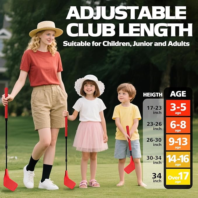 Kids Golf Club Set, Adjustable Backyard Outdoor Indoor Golf Clubs with Oversized Club Heads for Kids, Juniors, and Family Play Golf Game in Parks, Grass, Yards (Red)