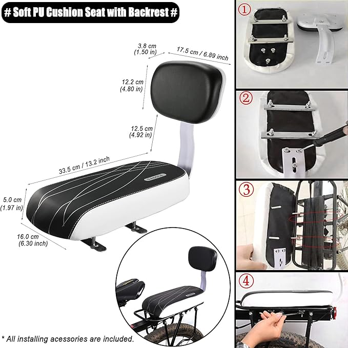 Bike Child Seat Kit, Included Bike Rear Seat Cushion with Safety Cycling Backrest + Backseat Armrest Handrail + Foldable Hidden Bicycle Footrests + Universal Handlebar Bell + Installing Tools