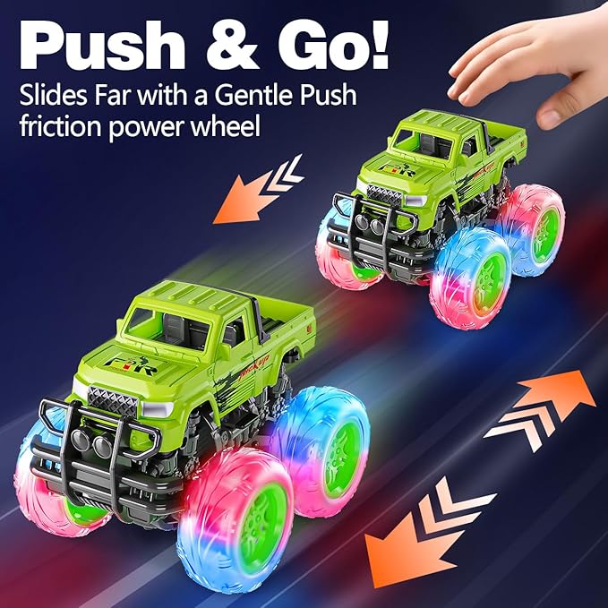 LODBY Monster Trucks Toys for Toddlers, Light-Up Trucks & Cars Toys for 2 3 4 5 6 Year Old Boy Birthday Gifts, Kids Push and Go Cars with Flashing Wheels (2 Pack)