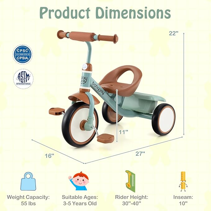 BABY JOY Toddler Tricycle, Kids Trike with Adjustable Seat and Storage Basket for Boys Girls Indoor and Outdoor Riding, Toddler Trike for Baby 3-5 Years Old (Green)