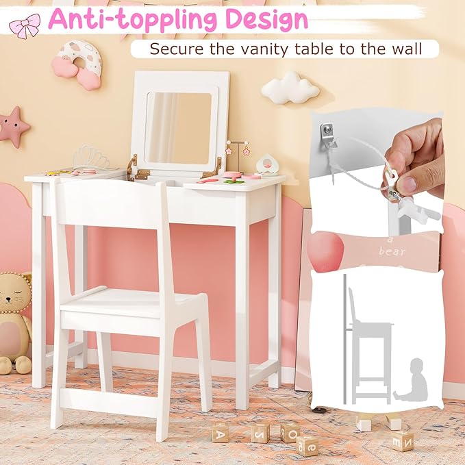 Costzon Kids Vanity, 2 in 1 Girls Vanity Set with Flip Top Mirror, Hidden Storage Space, Wooden Toddler Makeup Vanity Desk Dressing Table, Kids Vanity Table and Chair Set (White)