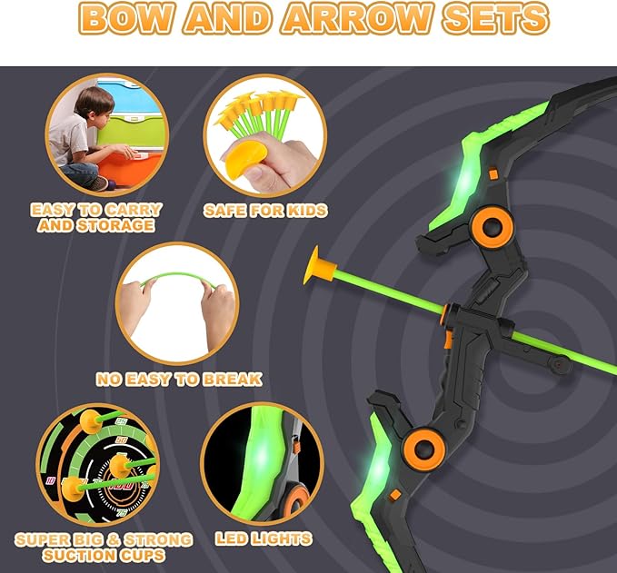 Kids Bow and Arrow Set with LED Flash Lights, 10 Suction Cup Arrows, Quiver and Fluorescence Standing Target-Perfect Indoor and Outdoor Archery Set Toy Gift for Boys and Girls Ages 4-12