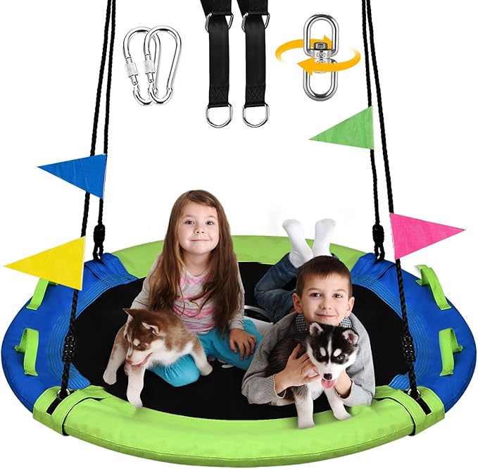 43 Inch Tree Swing, Saucer Swing Sets for Kids, Come with 360 Degree Swivel and Adjustable Hanging Strap, Green and Blue