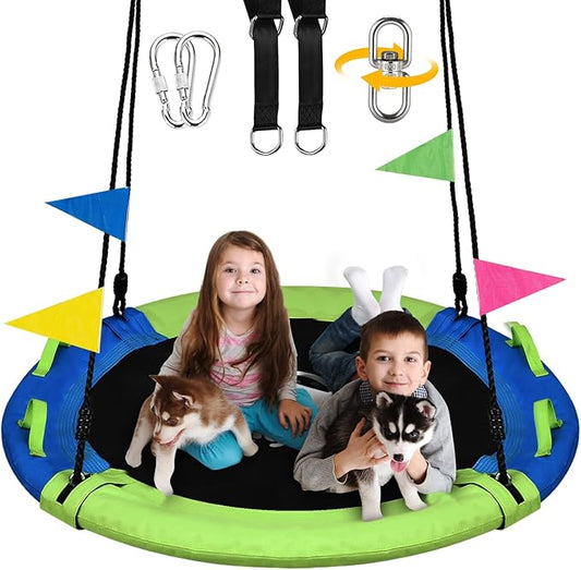 43 Inch Tree Swing, Saucer Swing Sets for Kids, Come with 360 Degree Swivel and Adjustable Hanging Strap, Green and Blue