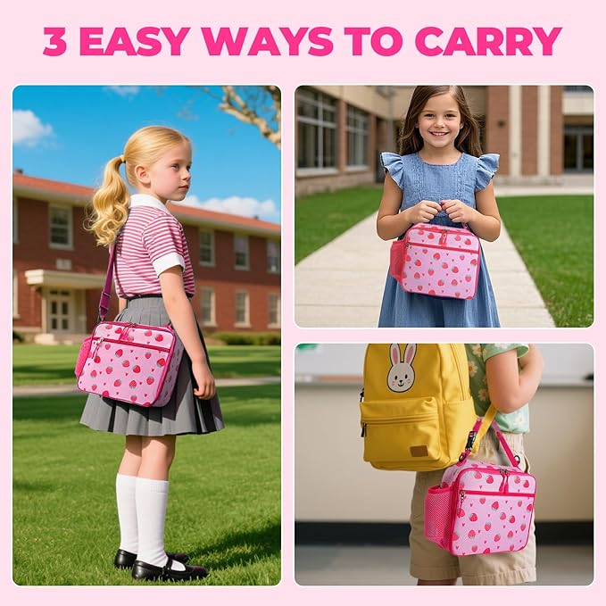 Kids Lunch Box Kids Lunch Bag for Girls Boys, Insulated Lunch Bag for Men with Shoulder Strap, Small Lunchbox for Girls School Travel Picnic (Pink, Strawberry)