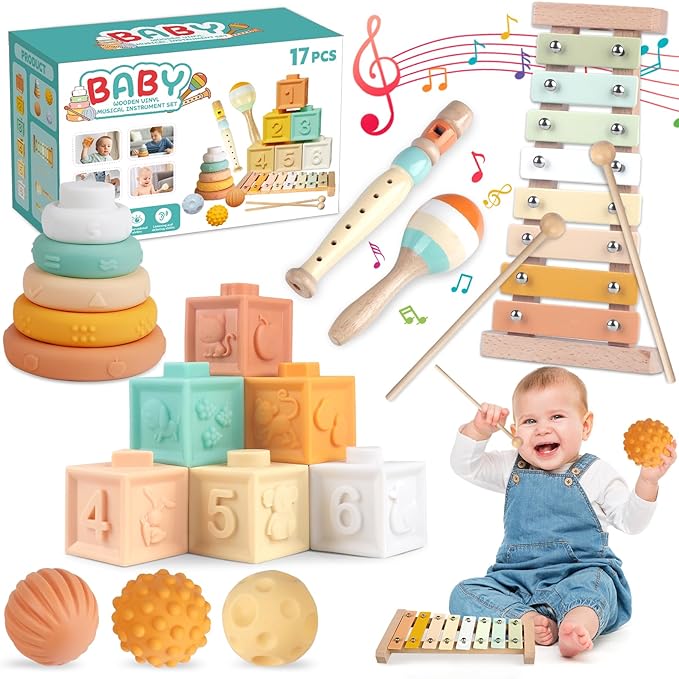 Montessori Toys 6 in 1 Musical Instruments for Toddler Stacking Blocks Development Learning Educational Toy with Wooden Xylophone Baby Birthday Gift
