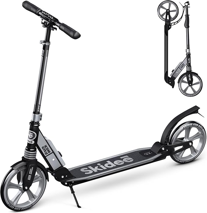 Skidee Adult & Teen Scooter Adjustable Height, Folding, Large Wheels, Lightweight, Durable, Anti-Shock Suspension, Up to 220 lbs