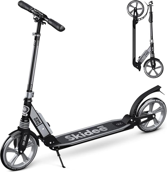 Skidee Adult & Teen Scooter Adjustable Height, Folding, Large Wheels, Lightweight, Durable, Anti-Shock Suspension, Up to 220 lbs