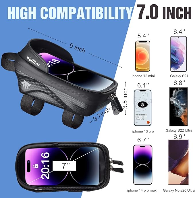 Bike Bag - Waterproof Bike Frame Bag with Sun-Visor Rain Cover, Bike Phone Holder with TPU Sensitive Touch Screen, Handlebar Bag Bicycle Accessories