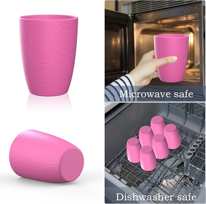 Homienly Wheat Straw Cups 6 PCS Alternative Plastic Cups Reusable Pink Cups Unbreakable Drinking Cup Dishwasher Safe Drinking Glasses Cups for Kitchen, Kids (Pink,12 OZ)