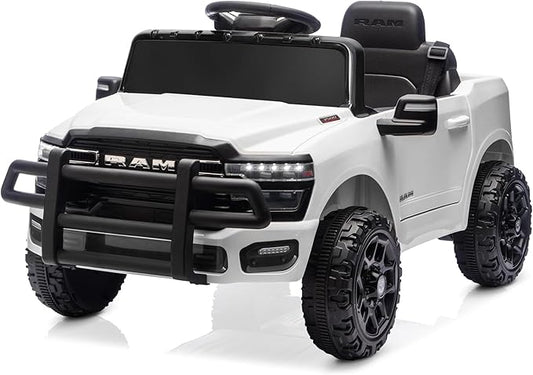 Kidzone 12V Licensed RAM 3500 Ride-On Truck for Kids, Battery Powered Electric Car w/Parent Remote Control & Manual Drive, Bluetooth, LED Lights - White