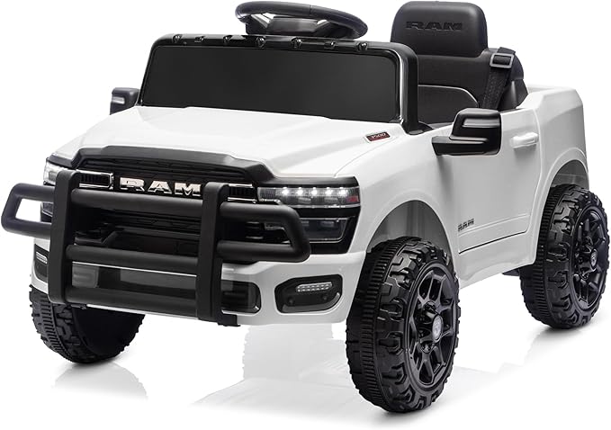 Kidzone Ride On Truck for Kids, Licensed RAM 3500 12V Battery Powered Electric Car Toy with Remote Control, LED Lights, Bluetooth Music & Rear Suspension - White