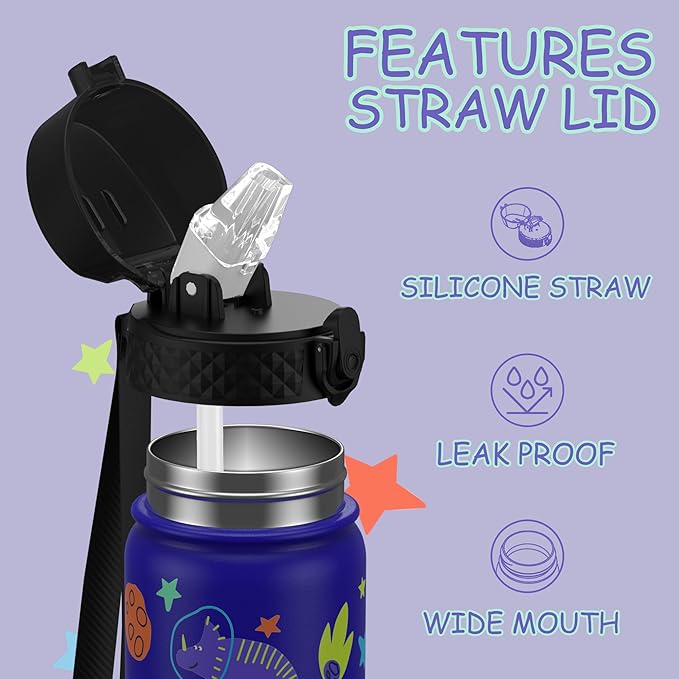 GOPPUS Kids Water Bottle (Straw Lid)-18oz Vacuum Insulated Stainless Steel, Reusable Tumbler for School, Boys, Girls,Blue Space Dinosaur