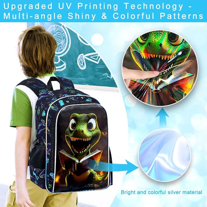 3Pcs Dinosaur Backpack for Boy, 16" Bookbag for Elementary Preschool Kindergarten, Kids School Backpacks with Lunch Box (Black)