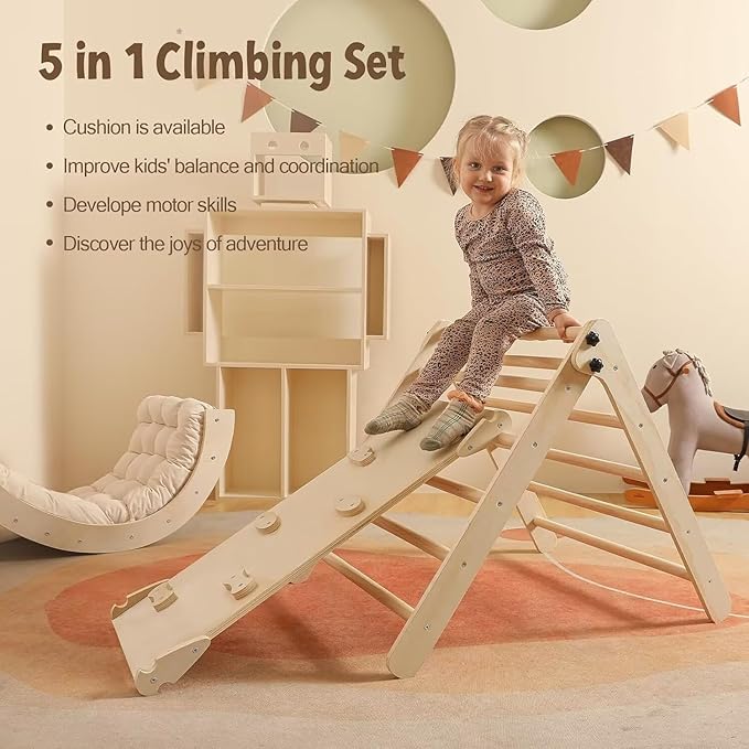 Pikler Triangle Set with Cushion Large, 5 in 1 Toddler Climbing Toys Indoor, Montessori Foldable Climbing Set for Kids, Wooden Playground Jungle Gym with Ramp, Arch and Ladder (Wooden Color)