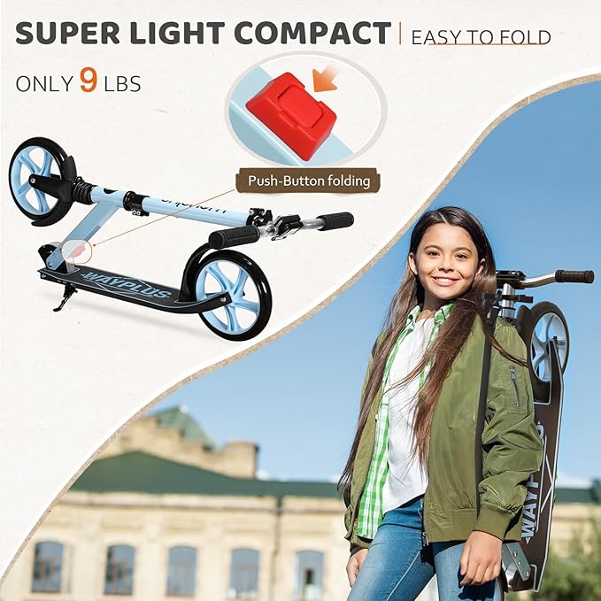 Kick Scooter for Ages 6+,Kid, Teens & Adults. Max Load 240 LBS. Foldable, Lightweight, 8IN Big Wheels for Kids, Teen and Adults, 4 Adjustable Levels. Bearing ABEC9